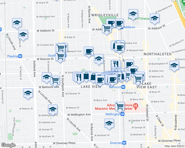 map of restaurants, bars, coffee shops, grocery stores, and more near 3255 North Racine Avenue in Chicago