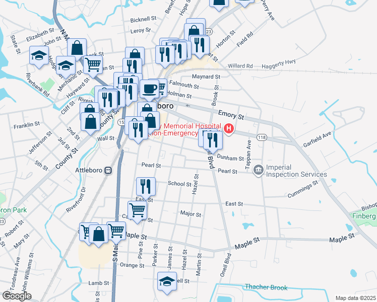 map of restaurants, bars, coffee shops, grocery stores, and more near 57 Dunham Street in Attleboro