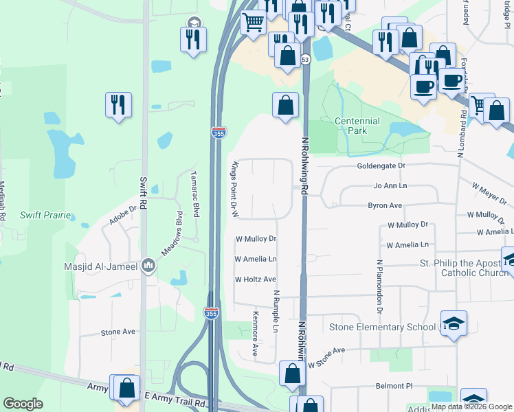 map of restaurants, bars, coffee shops, grocery stores, and more near 811 North Harrow Court in Addison