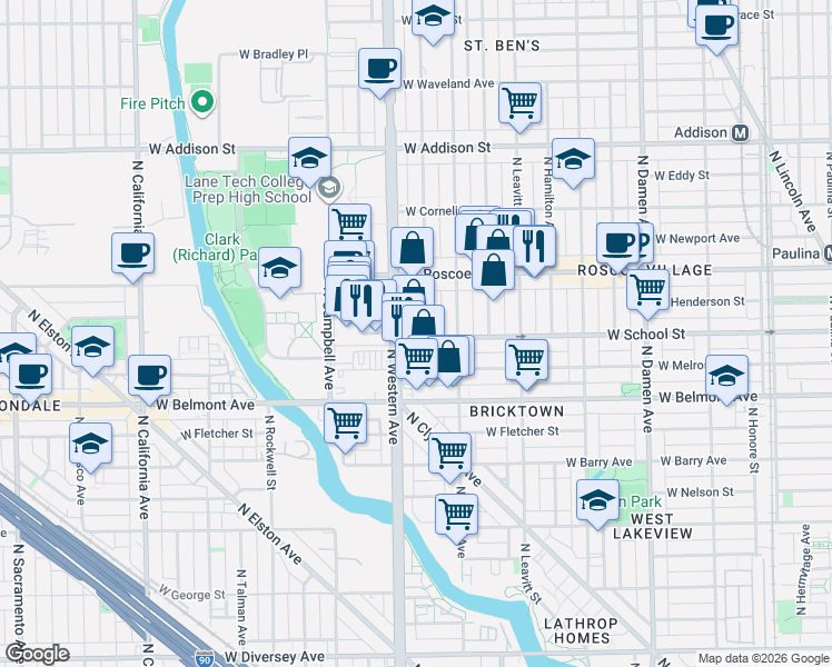 map of restaurants, bars, coffee shops, grocery stores, and more near 3300 North Claremont Avenue in Chicago