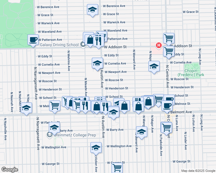map of restaurants, bars, coffee shops, grocery stores, and more near 5938 West Henderson Street in Chicago