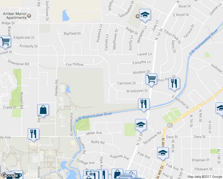 map of restaurants, bars, coffee shops, grocery stores, and more near 414 West Hillcrest Drive in DeKalb