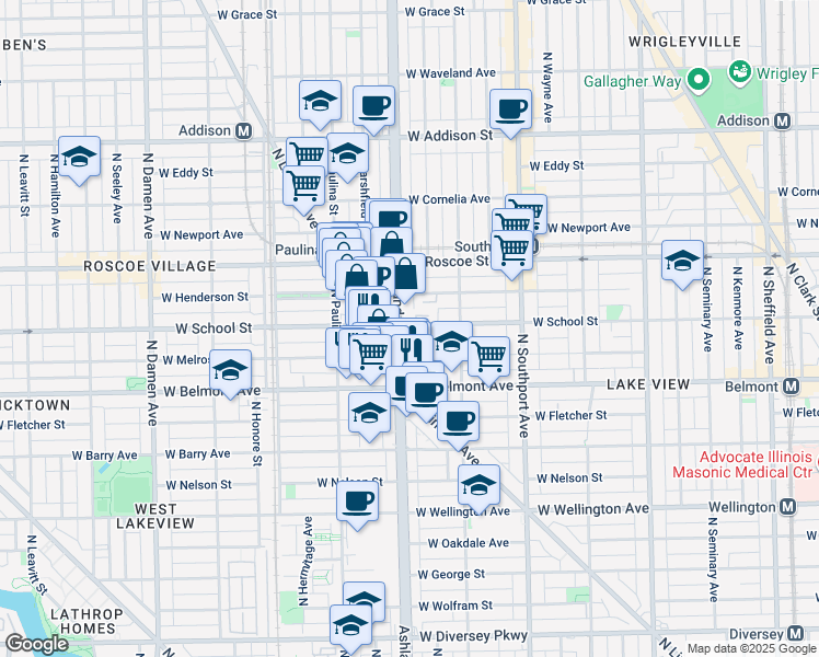 map of restaurants, bars, coffee shops, grocery stores, and more near 1601 West School Street in Chicago