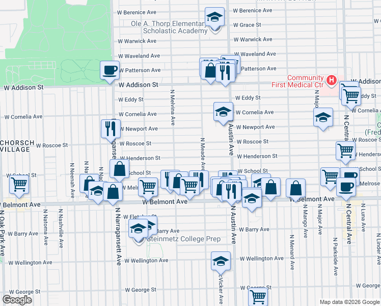 map of restaurants, bars, coffee shops, grocery stores, and more near 6122 West Henderson Street in Chicago