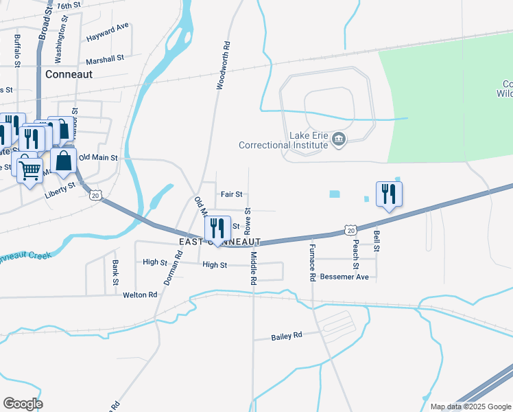 map of restaurants, bars, coffee shops, grocery stores, and more near 264 Salem St in Conneaut