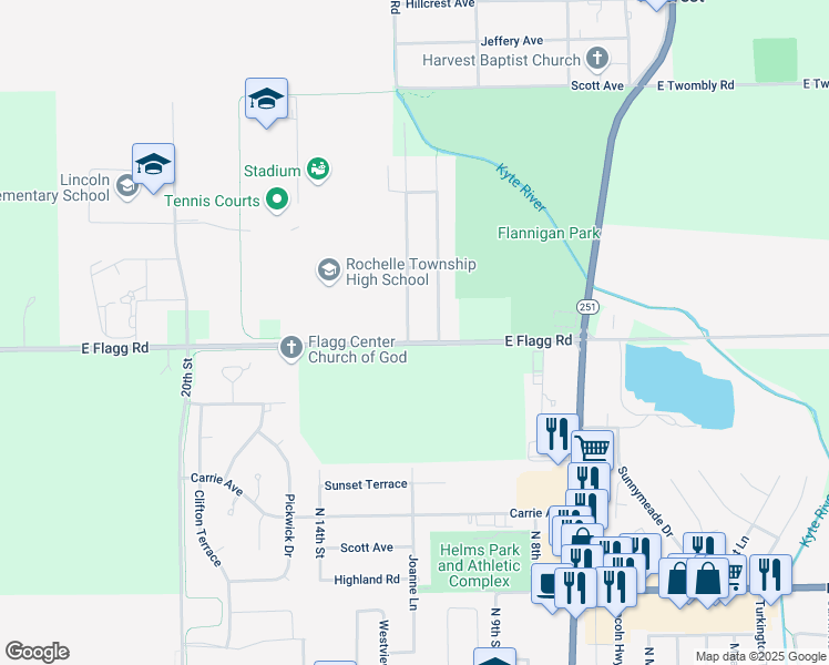 map of restaurants, bars, coffee shops, grocery stores, and more near 5489 South Wendell Drive in Rochelle