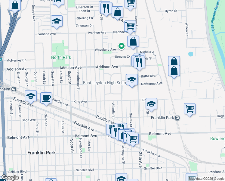 map of restaurants, bars, coffee shops, grocery stores, and more near 3427 Lonnquist Drive in Franklin Park