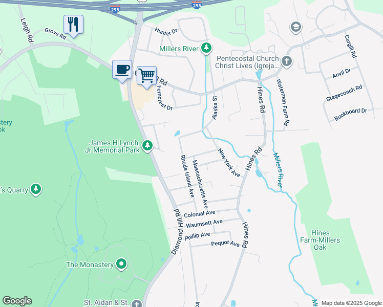 map of restaurants, bars, coffee shops, grocery stores, and more near 28 Vermont Avenue in Cumberland