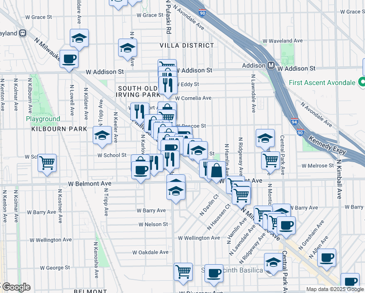 map of restaurants, bars, coffee shops, grocery stores, and more near 3316 North Harding Avenue in Chicago