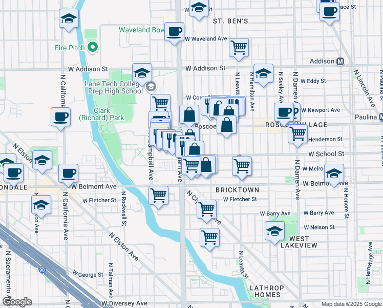 map of restaurants, bars, coffee shops, grocery stores, and more near 3300 North Claremont Avenue in Chicago