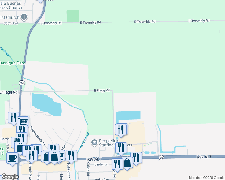 map of restaurants, bars, coffee shops, grocery stores, and more near East Flagg Road in Rochelle