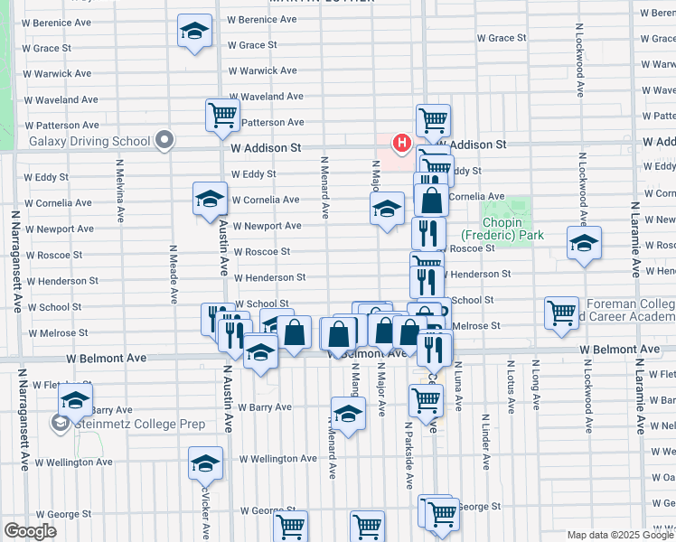 map of restaurants, bars, coffee shops, grocery stores, and more near 5748 West Henderson Street in Chicago