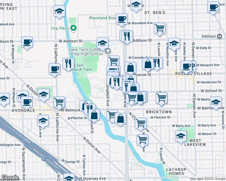 map of restaurants, bars, coffee shops, grocery stores, and more near 3330 North Western Avenue in Chicago