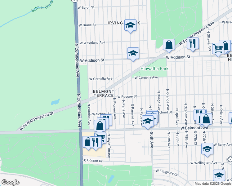 map of restaurants, bars, coffee shops, grocery stores, and more near 3411 North Pioneer Avenue in Chicago