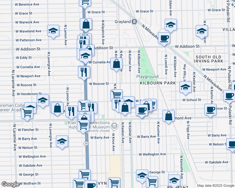 map of restaurants, bars, coffee shops, grocery stores, and more near 3323 N Knox Ave in Chicago