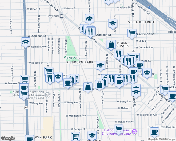map of restaurants, bars, coffee shops, grocery stores, and more near 3318 North Kildare Avenue in Chicago