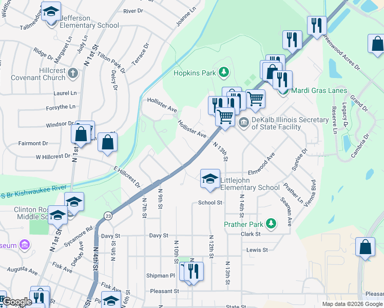map of restaurants, bars, coffee shops, grocery stores, and more near 734 Krpan Court in DeKalb