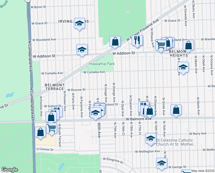 map of restaurants, bars, coffee shops, grocery stores, and more near 3409 North Osage Avenue in Chicago