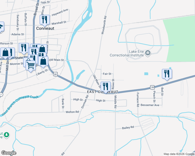 map of restaurants, bars, coffee shops, grocery stores, and more near 228 Salem Street in Conneaut