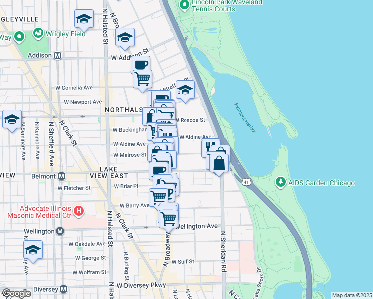 map of restaurants, bars, coffee shops, grocery stores, and more near 500 West Melrose Street in Chicago
