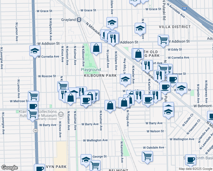 map of restaurants, bars, coffee shops, grocery stores, and more near 4341 West Henderson Street in Chicago