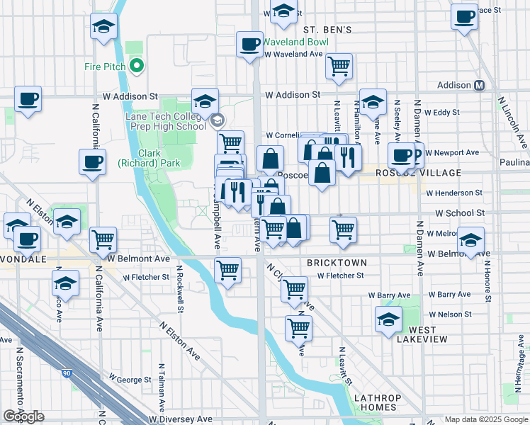 map of restaurants, bars, coffee shops, grocery stores, and more near 2358 West School Street in Chicago