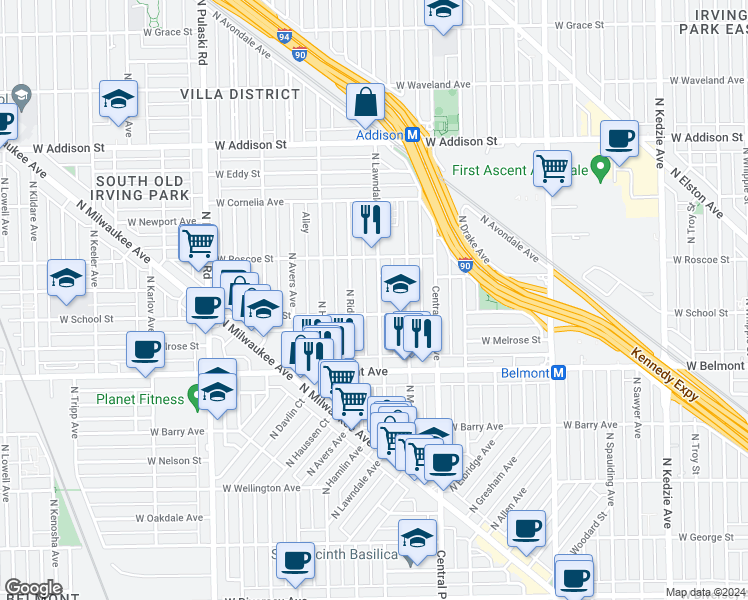 map of restaurants, bars, coffee shops, grocery stores, and more near 3312 North Lawndale Avenue in Chicago