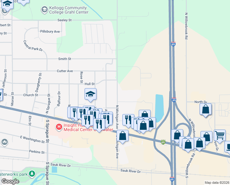 map of restaurants, bars, coffee shops, grocery stores, and more near 81 North Michigan Avenue in Coldwater