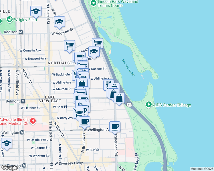 map of restaurants, bars, coffee shops, grocery stores, and more near 422 West Melrose Street in Chicago