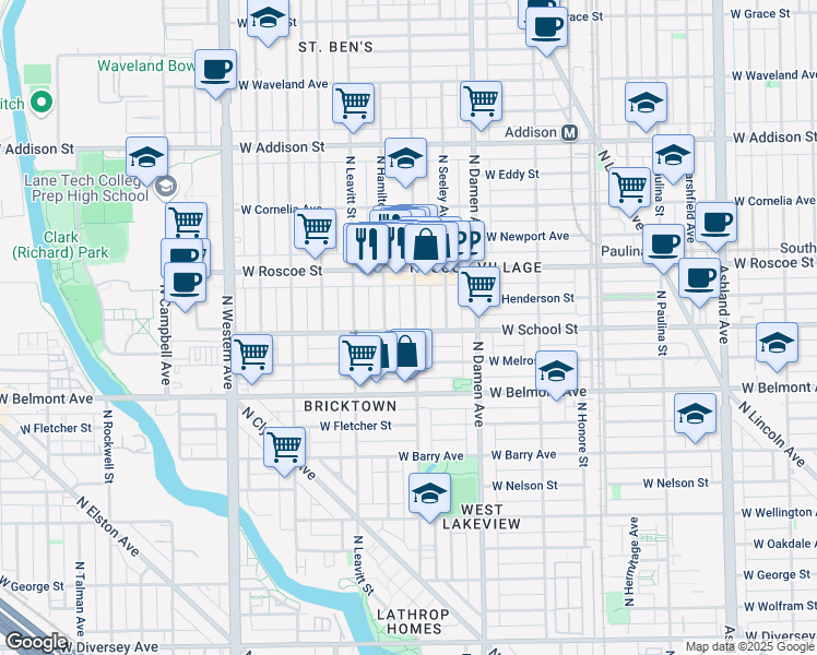 map of restaurants, bars, coffee shops, grocery stores, and more near 3300 North Hoyne Avenue in Chicago
