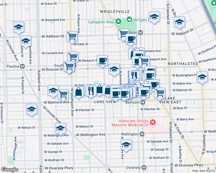 map of restaurants, bars, coffee shops, grocery stores, and more near 3255 North Racine Avenue in Chicago