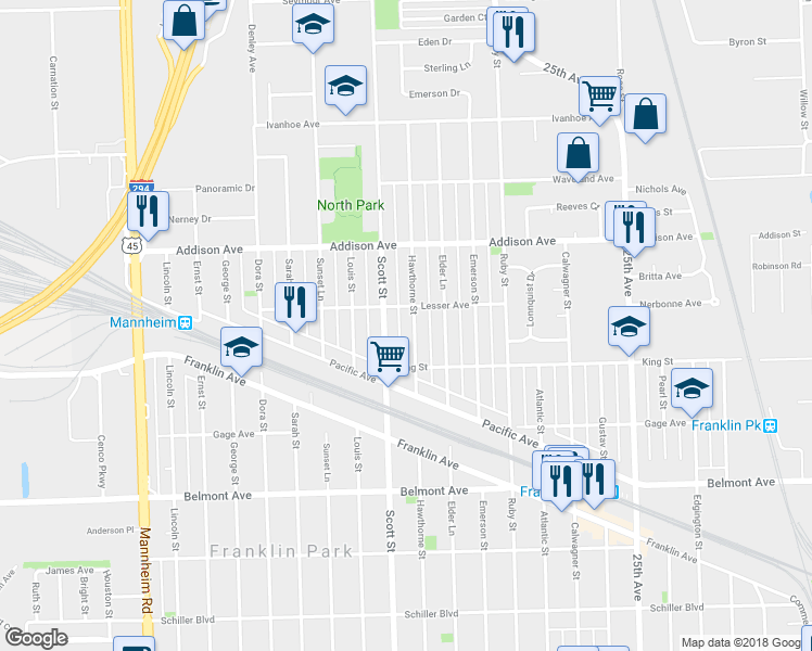 map of restaurants, bars, coffee shops, grocery stores, and more near 3434 Hawthorne Street in Franklin Park