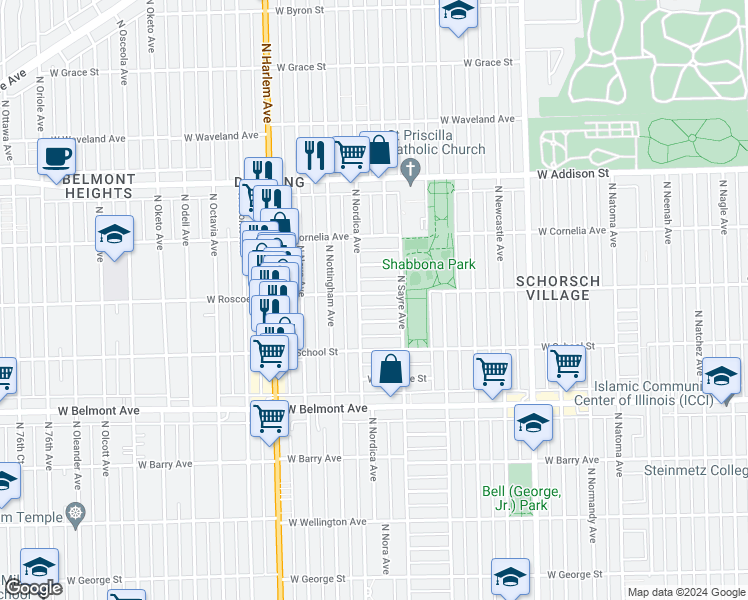 map of restaurants, bars, coffee shops, grocery stores, and more near 7029 West Roscoe Street in Chicago