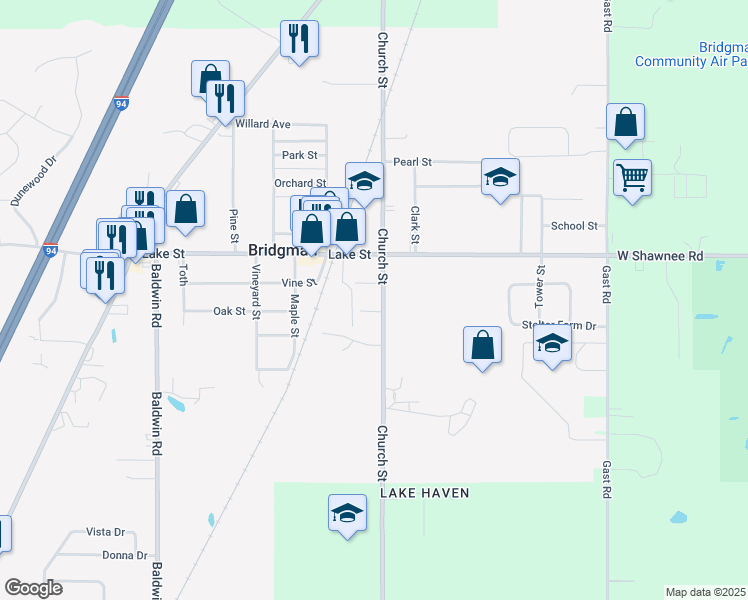 map of restaurants, bars, coffee shops, grocery stores, and more near 9776 Church Street in Sawyer