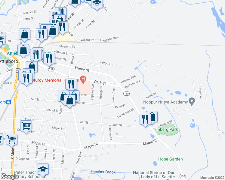 map of restaurants, bars, coffee shops, grocery stores, and more near 15 Davis Avenue in Attleboro