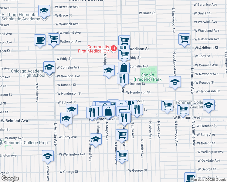 map of restaurants, bars, coffee shops, grocery stores, and more near 5632 West Henderson Street in Chicago