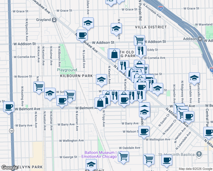 map of restaurants, bars, coffee shops, grocery stores, and more near 4201 West Henderson Street in Chicago