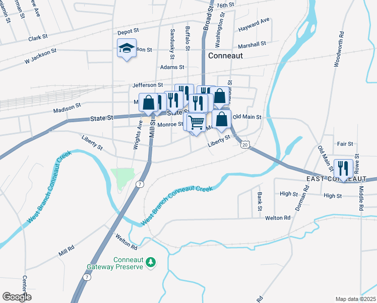 map of restaurants, bars, coffee shops, grocery stores, and more near 320 Liberty Street in Conneaut