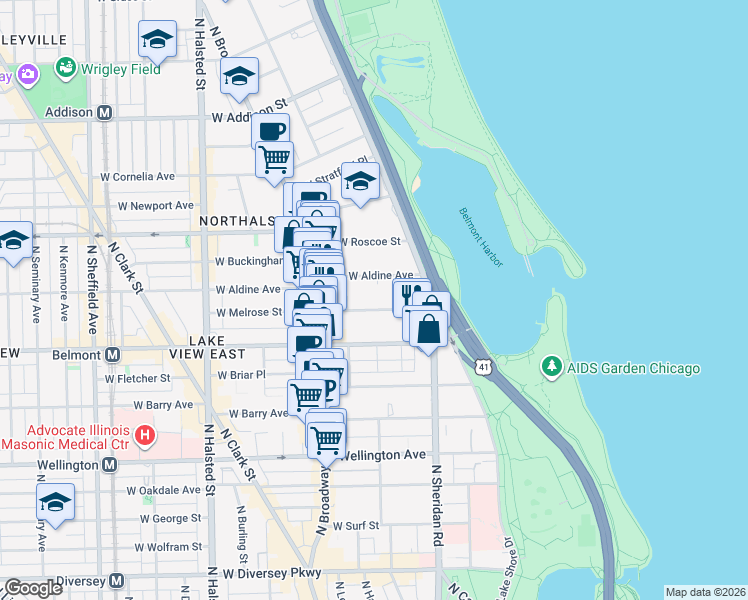 map of restaurants, bars, coffee shops, grocery stores, and more near 500 West Melrose Street in Chicago