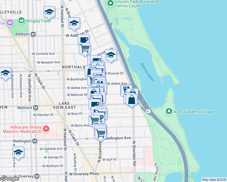 map of restaurants, bars, coffee shops, grocery stores, and more near 500 West Melrose Street in Chicago