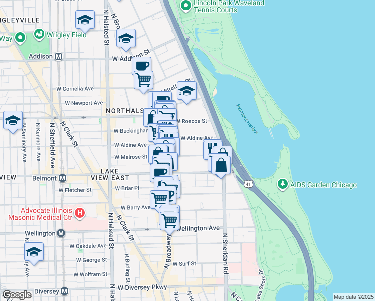 map of restaurants, bars, coffee shops, grocery stores, and more near 500 West Melrose Street in Chicago
