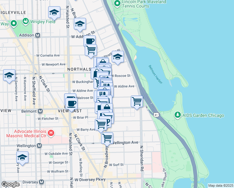 map of restaurants, bars, coffee shops, grocery stores, and more near 540 West Melrose Street in Chicago