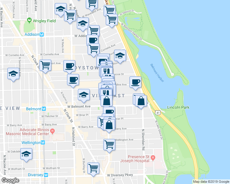 map of restaurants, bars, coffee shops, grocery stores, and more near 540 West Melrose Street in Chicago