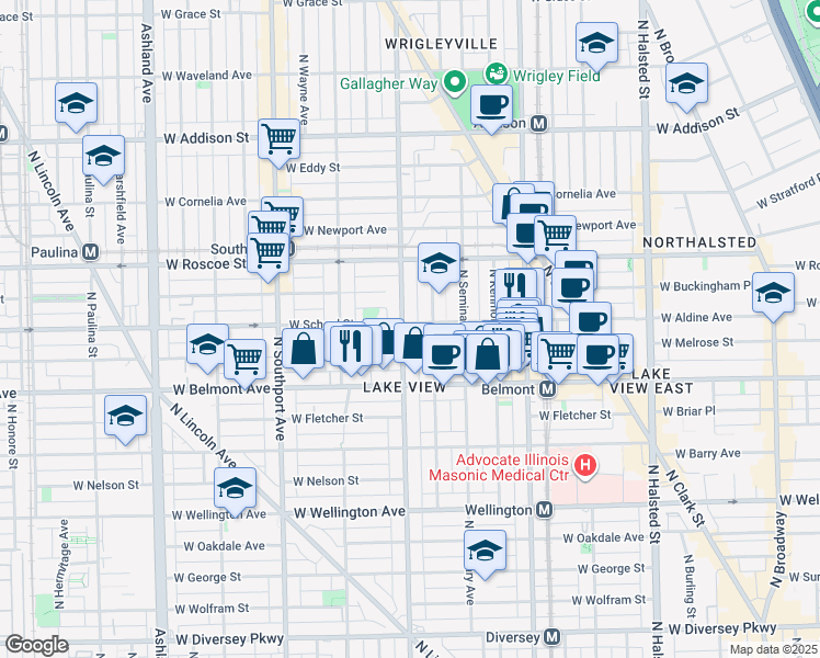 map of restaurants, bars, coffee shops, grocery stores, and more near 3255 North Racine Avenue in Chicago