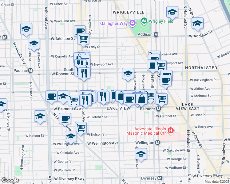 map of restaurants, bars, coffee shops, grocery stores, and more near 1225 West School Street in Chicago