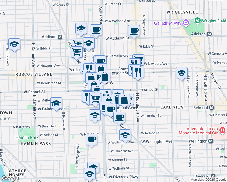 map of restaurants, bars, coffee shops, grocery stores, and more near 1529 West School Street in Chicago