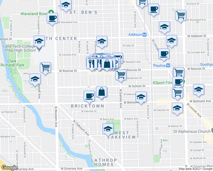 map of restaurants, bars, coffee shops, grocery stores, and more near 3300 North Hoyne Avenue in Chicago
