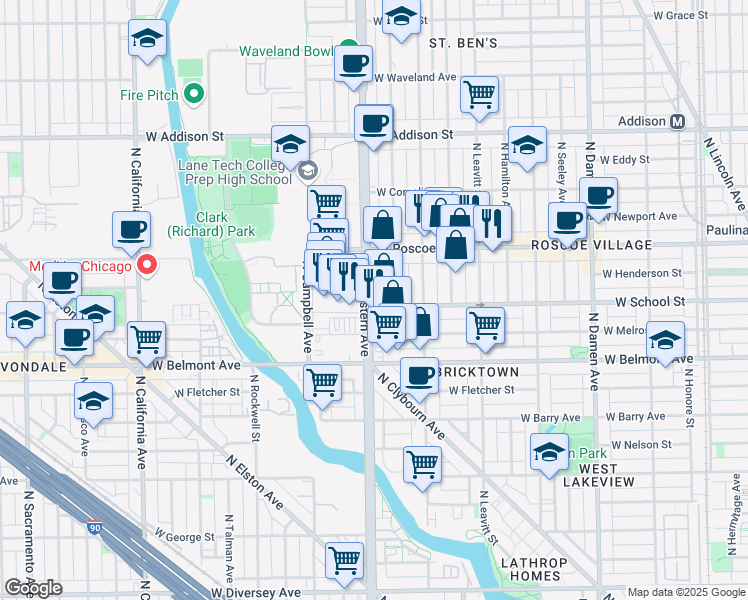 map of restaurants, bars, coffee shops, grocery stores, and more near 3312 North Western Avenue in Chicago