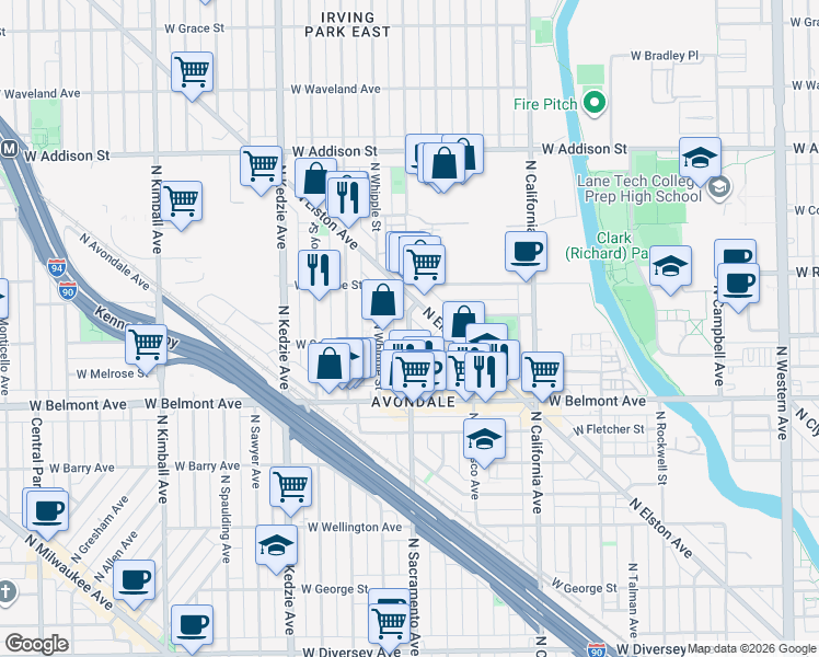 map of restaurants, bars, coffee shops, grocery stores, and more near 3311 North Whipple Street in Chicago