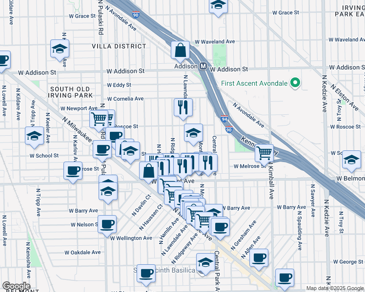 map of restaurants, bars, coffee shops, grocery stores, and more near 3312 North Lawndale Avenue in Chicago